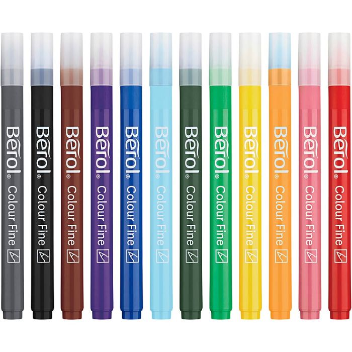 Berol Colourfine Tusch, streg 0,6 mm, ass. farver, 12 stk./ 1 pk.