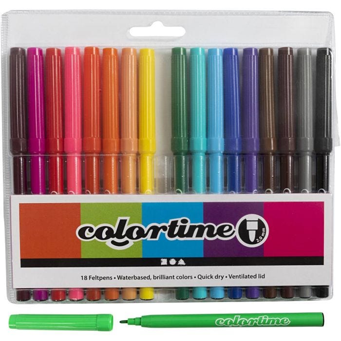 Colortime Tusch, streg 2 mm, ass. farver, 18stk./ 1 pk.