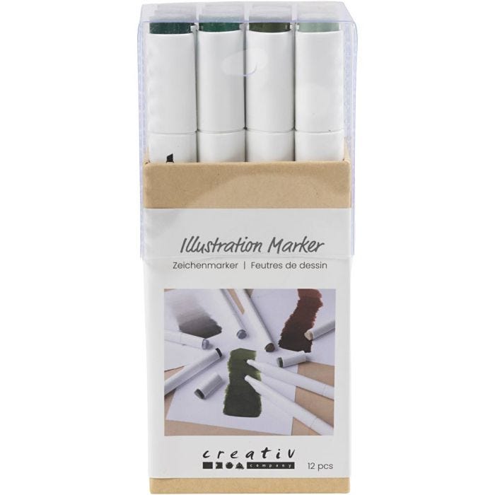 Illustration Marker, streg 1+8 mm, Naturfarver, 12 stk./ 1 pk.