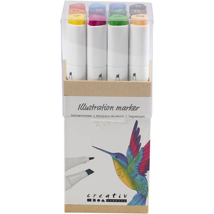 Illustration Marker, streg 1+8 mm, standardfarver, 12 stk./ 1 pk.