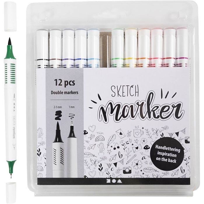 Sketch Marker, streg 1+2-5 mm, standardfarver, 12 stk./ 1 pk.