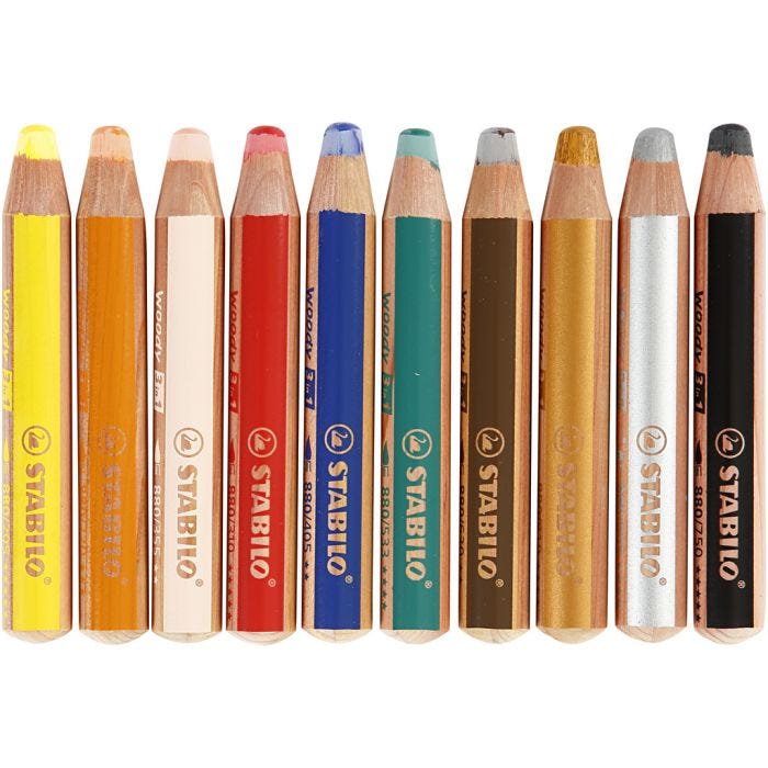 Woody 3-i-1, L: 11 cm, tykkelse 16 mm, mine 10 mm, ass. farver, 10 stk./ 1 pk.