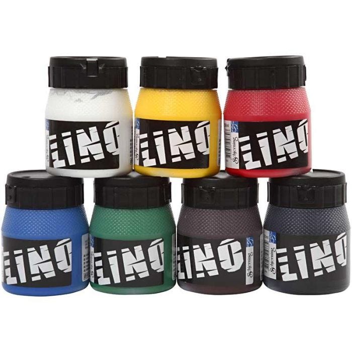 Linoleumssværte, ass. farver, 7x250 ml/ 1 pk.