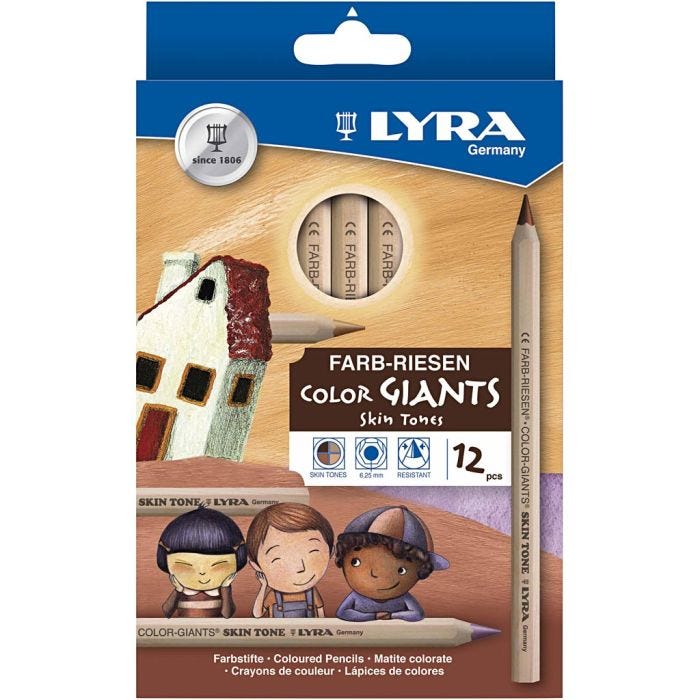 Lyra Tykke Farveblyanter, diam. 10 mm, streg 6,3 mm, skin colours, 12 stk./ 1 pk.