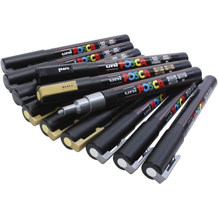 Posca Tusch, nr. PC-3M, streg 0,9-1,3 mm, sort, guld, sølv, 12 ass./ 1 pk.