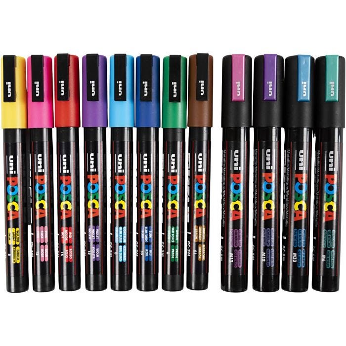 Posca Tusch, nr. PC-5M + PC-3M, streg 0,9-1,3 + 2,5 mm, ass. farver, 12 ass./ 1 pk.