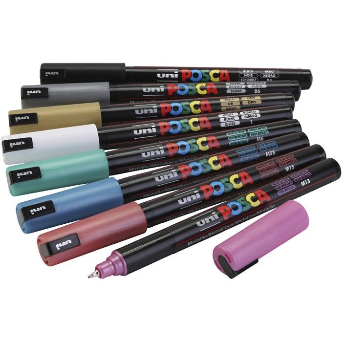 Posca Tusch, nr. PC-1MR, streg 0,7 mm, metallicfarver, 8 ass./ 1 pk.