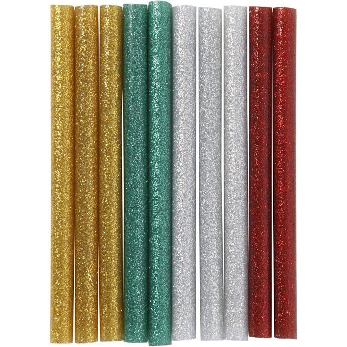 Limstænger Mini, L: 10 cm, diam. 7 mm, glitter, guld, grøn, rød, sølv, 10 stk./ 1 pk.