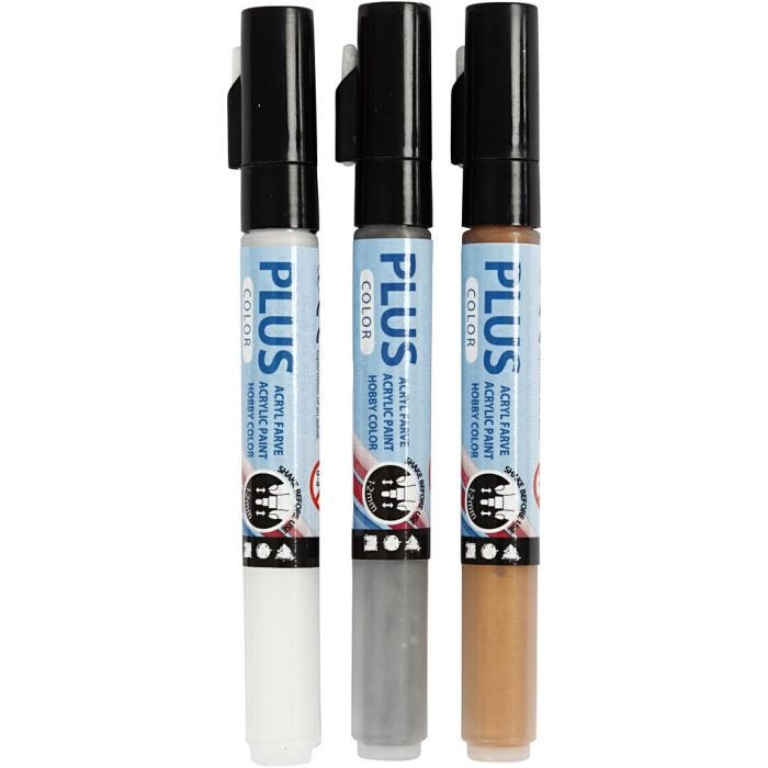 Plus Color Tusch, L: 14,5 cm, streg 1-2 mm, guld, sølv, råhvid, 5,5 ml, 3 stk./ 1 pk.