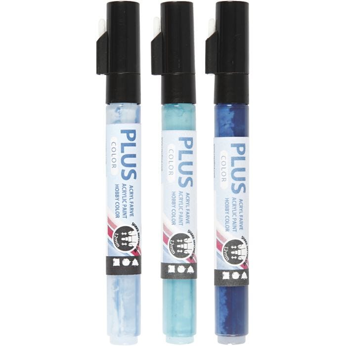 Plus Color Tusch, L: 14,5 cm, streg 1-2 mm, himmelblå, marineblå, turkis, 5,5 ml, 3 stk./ 1 pk.