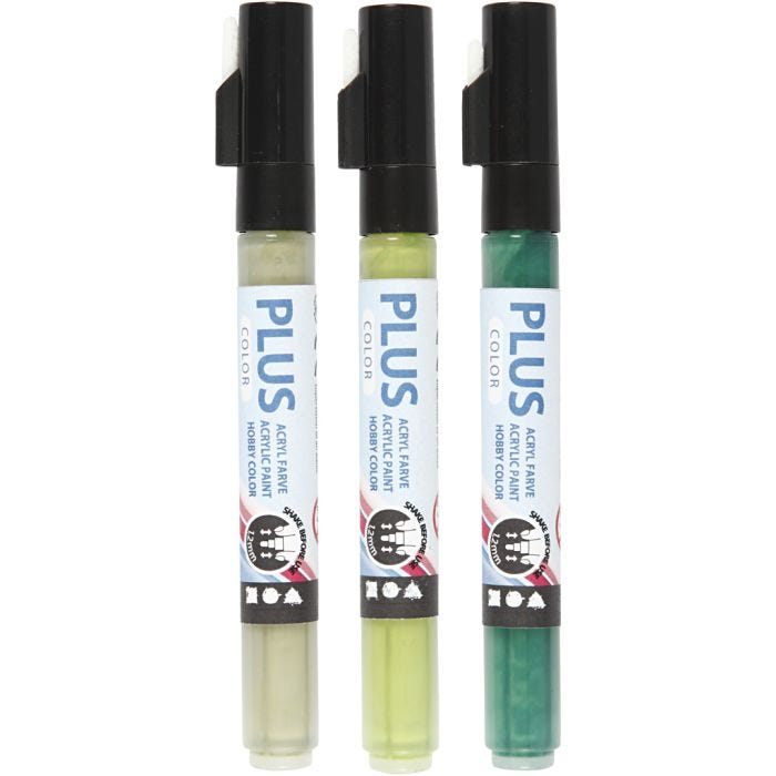 Plus Color Tusch, L: 14,5 cm, streg 1-2 mm, mørk grøn, eucalyptus, leaf green, 5,5 ml, 3 stk./ 1 pk.