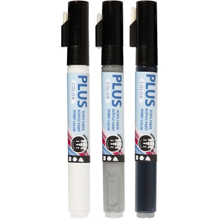 Plus Color Tusch, L: 14,5 cm, streg 1-2 mm, sort, råhvid, rain grey, 5,5 ml, 3 stk./ 1 pk.