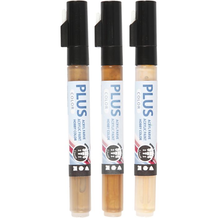 Plus Color Tusch, L: 14,5 cm, streg 1-2 mm, lys pudder, guld, raw sienna, 5,5 ml, 3 stk./ 1 pk.