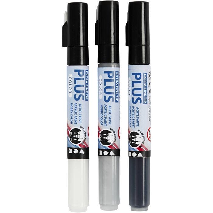 Plus Color Tusch, L: 14,5 cm, streg 0,7 mm, sort, råhvid, rain grey, 5,5 ml, 3 stk./ 1 pk.