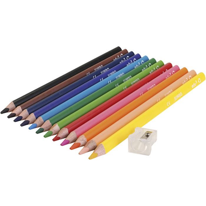 edu Jumbo Farveblyanter, tykkelse 10 mm, mine 5 mm, ass. farver, 12 stk./ 1 pk.