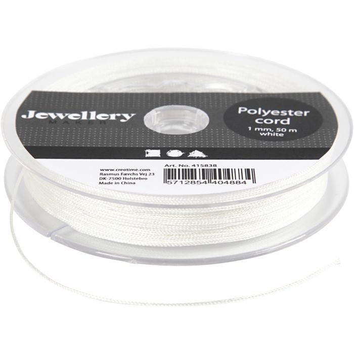 Polyester snor, tykkelse 1 mm, hvid, 50 m/ 1 rl.