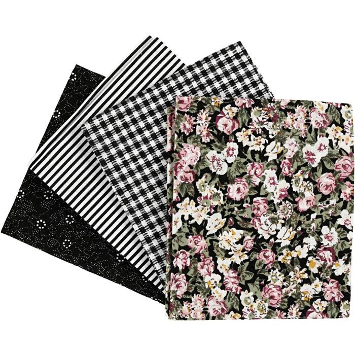 Patchworkstof, str. 45x55 cm, 100 g, sort, 4 stk./ 1 bdt.