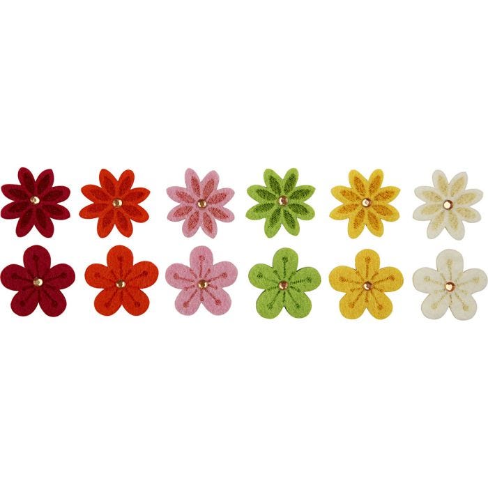Filtblomster m. rhinsten, diam. 30 mm, tykkelse 2,5 mm, 12 stk./ 1 pk.