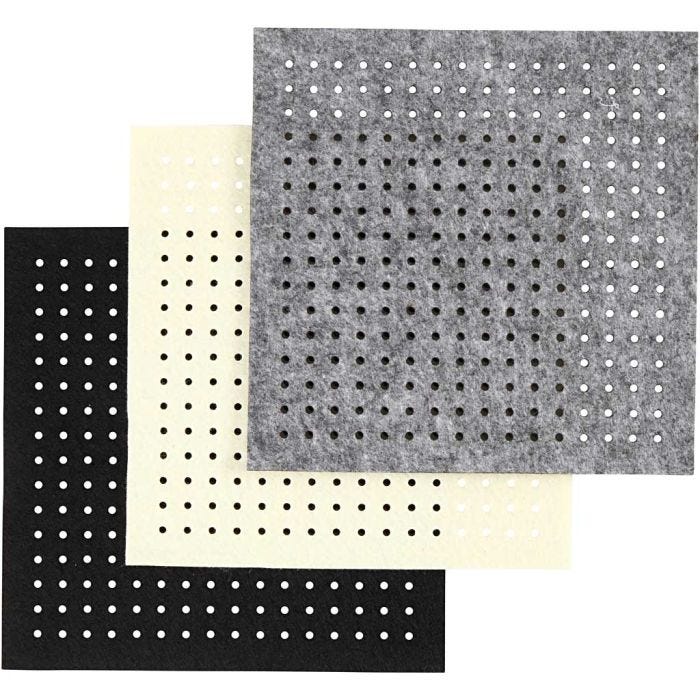 Filt med huller, str. 20x20 cm, tykkelse 3 mm, sort, grå, råhvid, 3x4 ark/ 1 pk.