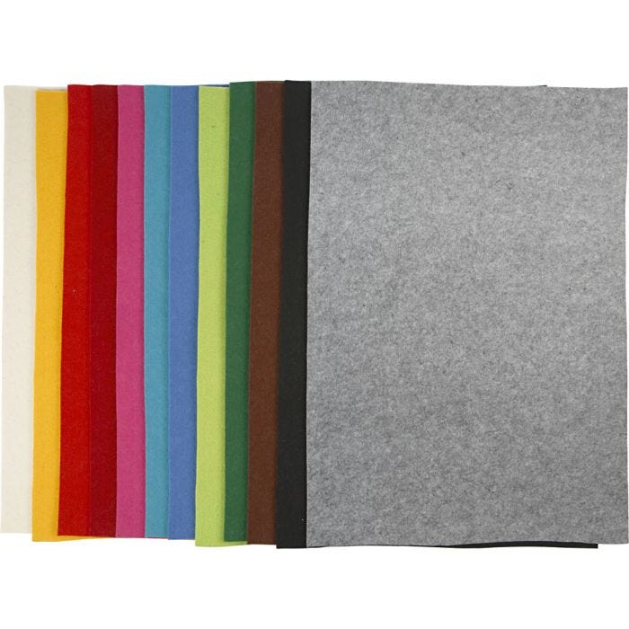 Hobbyfilt, ark 42x60 cm, tykkelse 3 mm, ass. farver, 12 ass. ark/ 1 pk.