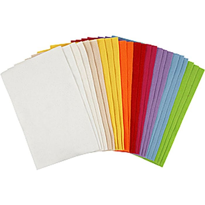 Hobbyfilt, ark 20x30 cm, tykkelse 1,5 mm, 180-200 g, ass. farver, 24 ass. ark/ 1 pk.