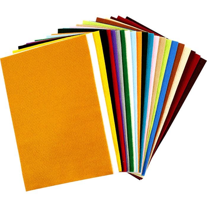 Hobbyfilt, ark 20x30 cm, tykkelse 1,5 mm, 180-200 g, ass. farver, 24 ass. ark/ 1 pk.