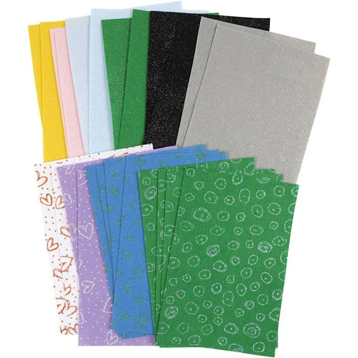 Hobbyfilt, ark 21x30 cm, tykkelse 1 mm, Indhold kan variere, ass. farver, 24 ark/ 1 pk.