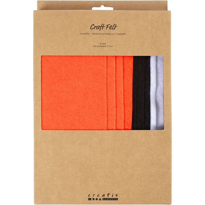 Hobbyfilt, A4, ark 210x297 mm, tykkelse 2 mm, halloweenfarver, 10 stk./ 1 pk.