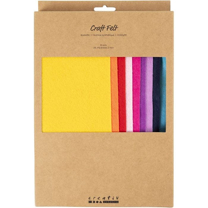 Hobbyfilt, A4, ark 210x297 mm, tykkelse 2 mm, colorful, 10 stk./ 1 pk.