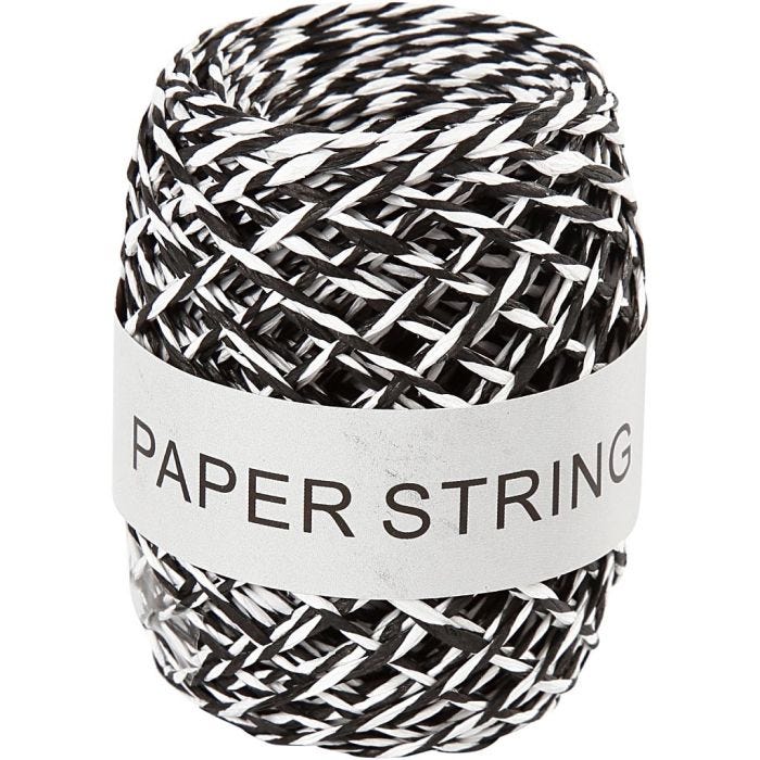 Papirsnor, tykkelse 1 mm, sort/hvid, 50 m/ 1 rl.
