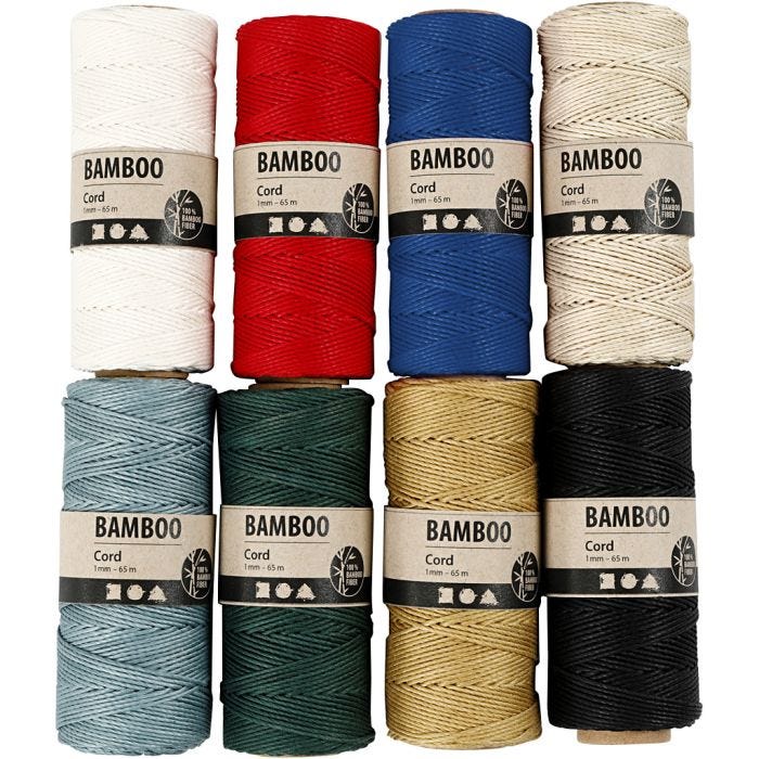 Bambussnor, tykkelse 1 mm, ass. farver, 8x65 m/ 1 sæt