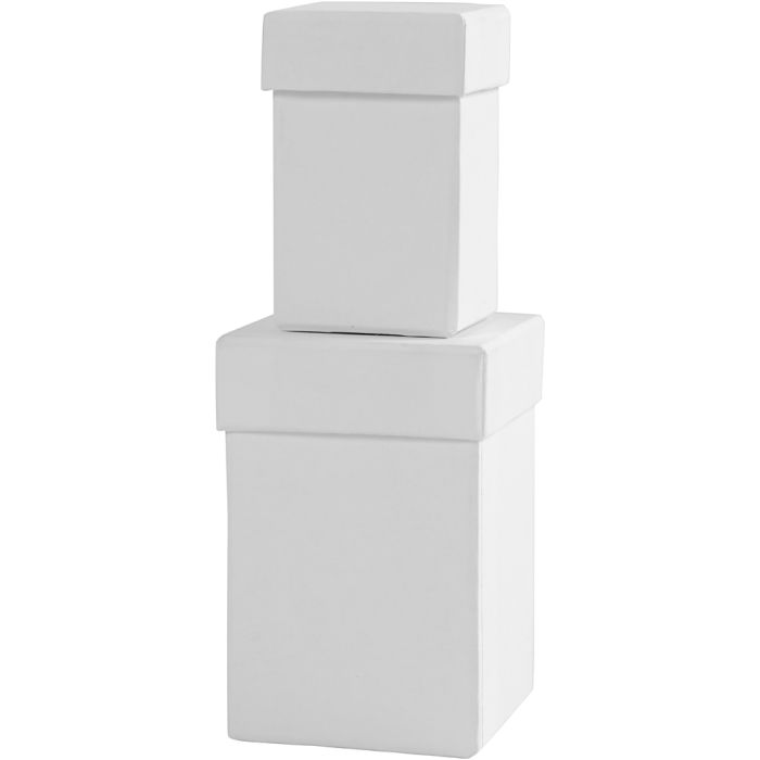 Firkantede æsker, H: 7+9 cm, str. 4,5+6 cm, hvid, 2 stk./ 1 sæt