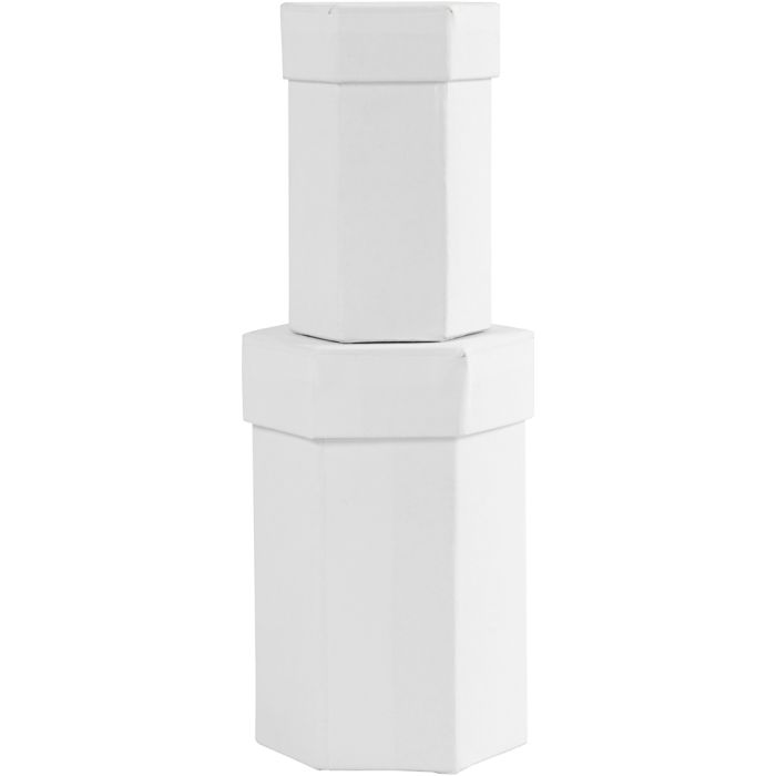 Sekskantede æsker, H: 7+9 cm, str. 4,5+6 cm, hvid, 2stk./ 1 sæt