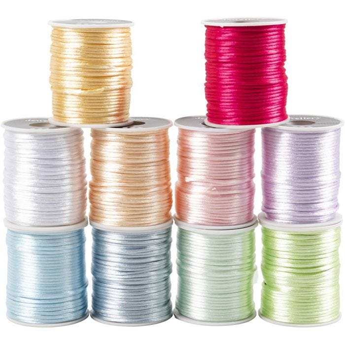 Satinsnor, tykkelse 2 mm, pastelfarver, 10x50 m/ 1 pk.