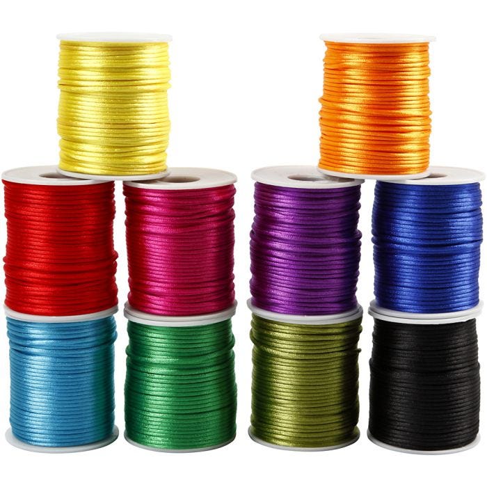Satinsnor, 2 mm, stærke farver, 10x50m/ 1 pk.