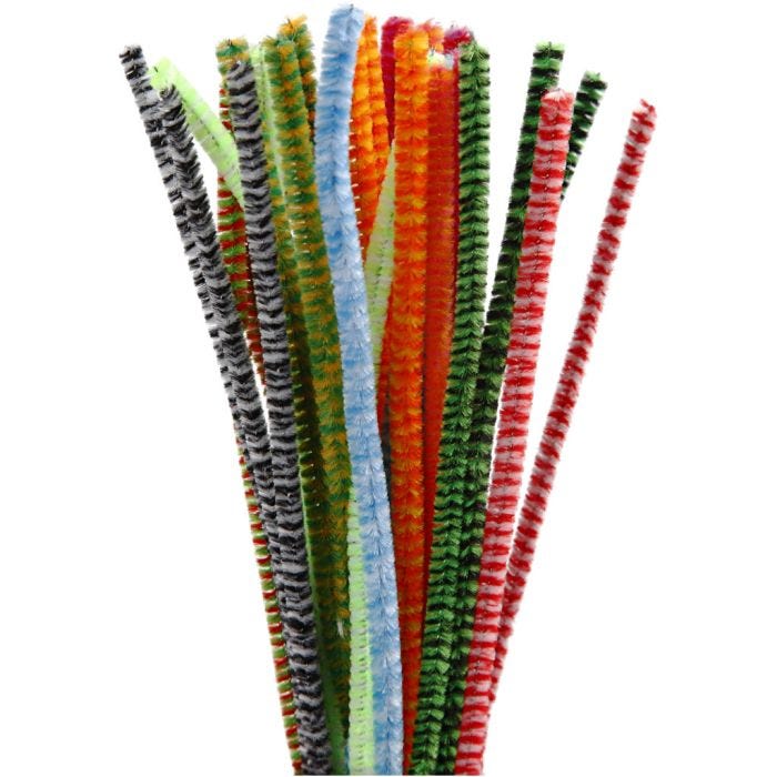 Chenille, stribede, L: 30 cm, tykkelse 6 mm, ass. farver, 30 ass./ 1 pk.