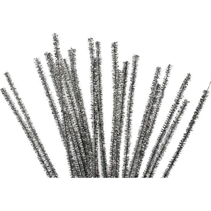 Chenille, L: 30 cm, tykkelse 6 mm, glitter, sølv, 24 stk./ 1 pk.