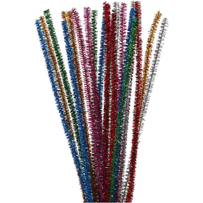 Chenille, L: 30 cm, tykkelse 6 mm, glitter, stærke farver, 24 ass./ 1 pk.