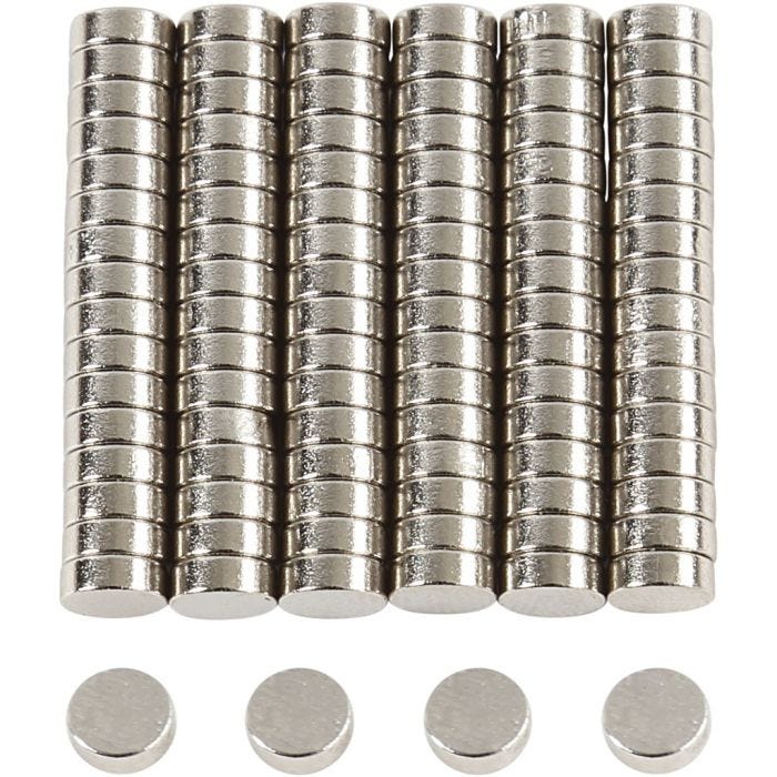 Powermagnet ”NdFeB” , diam. 5 mm, tykkelse 2 mm, 100 stk./ 1 pk.