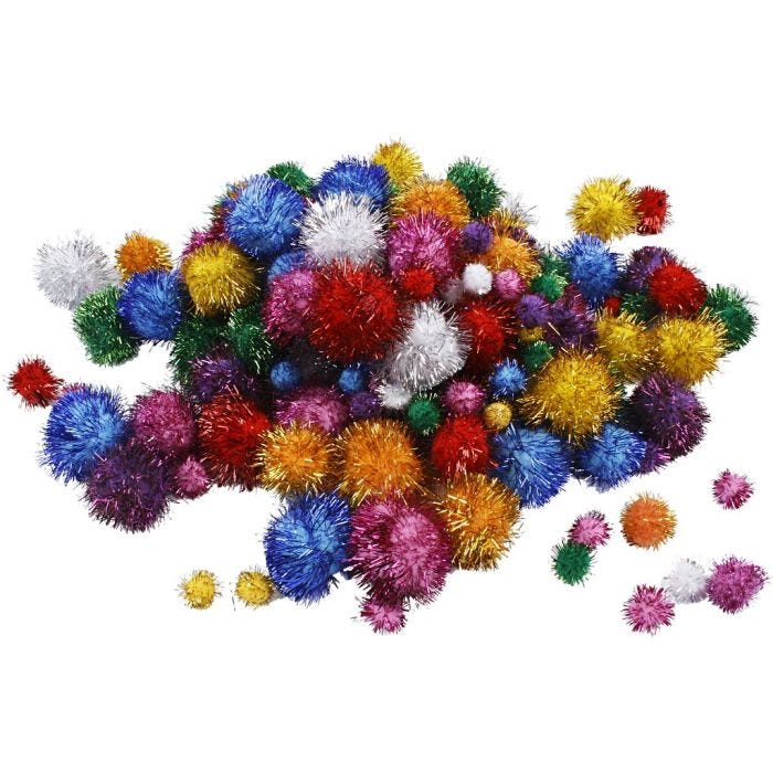 Pomponer, diam. 15-40 mm, glitter, stærke farver, 62 g/ 1 pk.