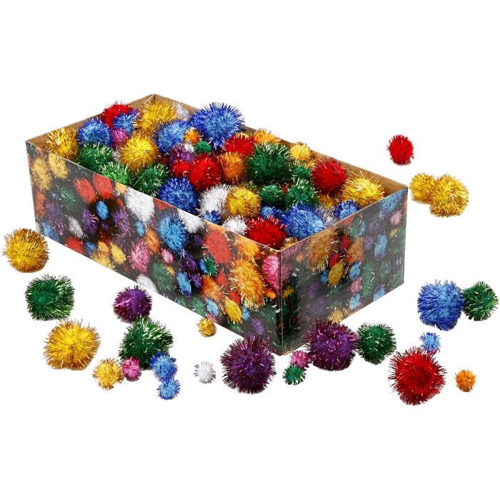 Pomponer, diam. 15-40 mm, glitter, stærke farver, 400 g/ 1 pk.