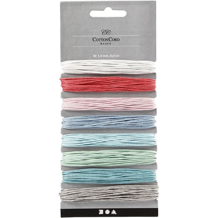 Bomuldssnor, 1 mm, pastelfarver, 8x5m/ 1 pk.