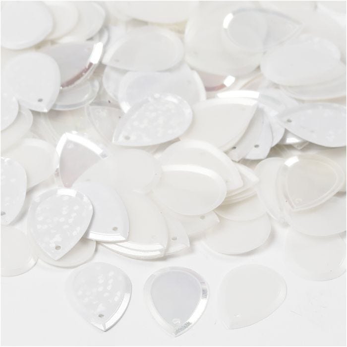 Pailletter, dråbe, str. 14x19 mm, hvid, 50 g/ 1 pk.