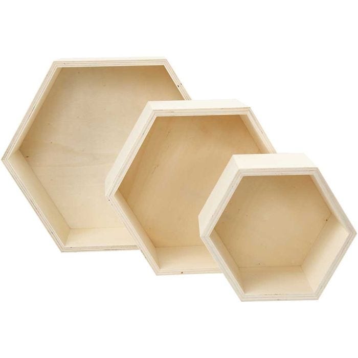 Bogkasser, sekskantet, H: 14,8+19+24,2 cm, D: 10 cm, 3 stk./ 1 sæt