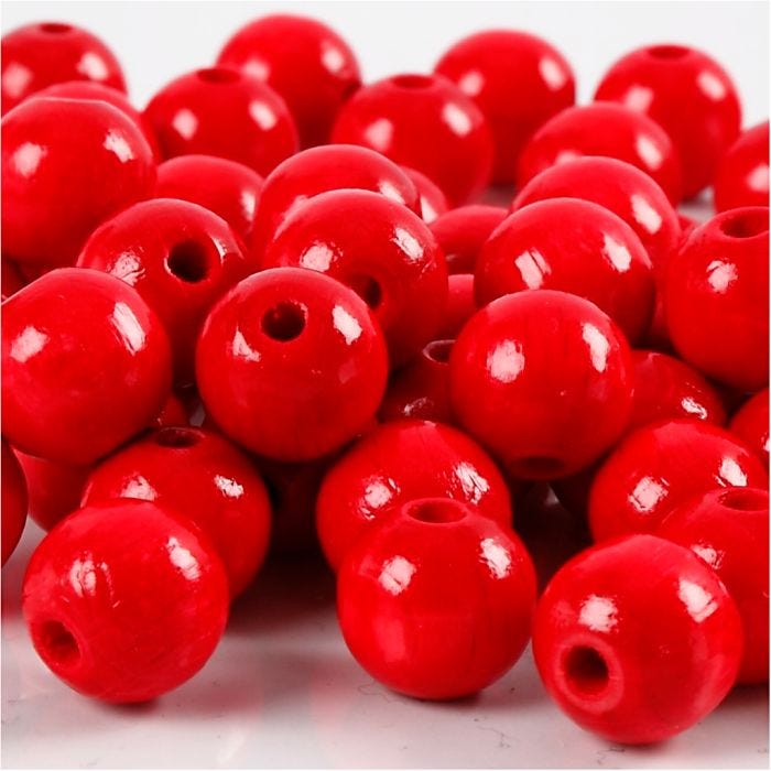 Træperler, diam. 10 mm, hulstr. 3 mm, rød, 20 g/ 1 pk.