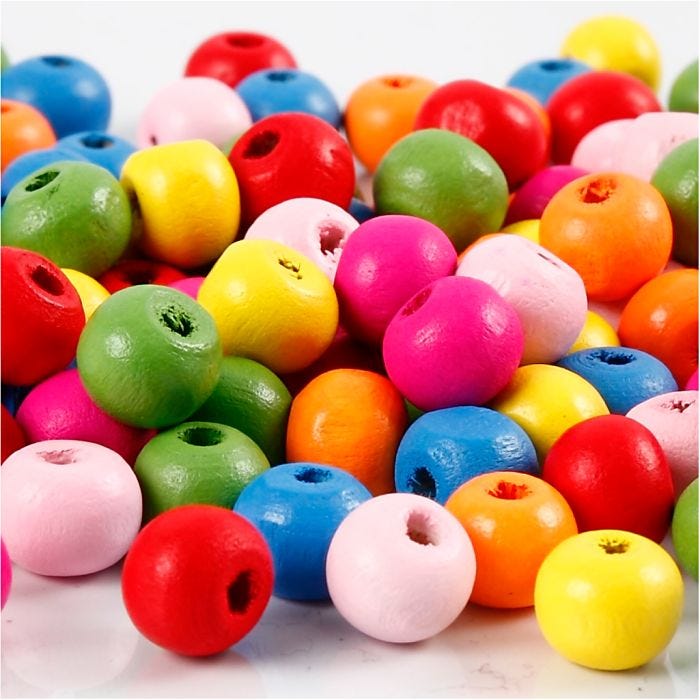 Træperler, diam. 8 mm, hulstr. 1,5-2 mm, ass. farver, 16 g/ 1 pk.