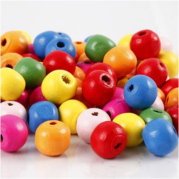 Træperler, diam. 10 mm, hulstr. 2,5-3 mm, ass. farver, 500 g/ 1 ps.