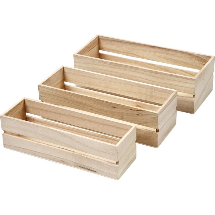 Trækasser, H: 6,5+7+7,5 cm, L: 22+23,5+25 cm, B: 7+8,5+10 cm, 3 stk./ 1 sæt