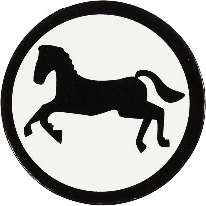 Kartonmærkat, hest, diam. 25 mm, hvid/sort, 20 stk./ 1 pk.