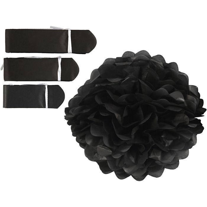 Papirpomponer, diam. 20+24+30 cm, 16 g, sort, 3 stk./ 1 pk.